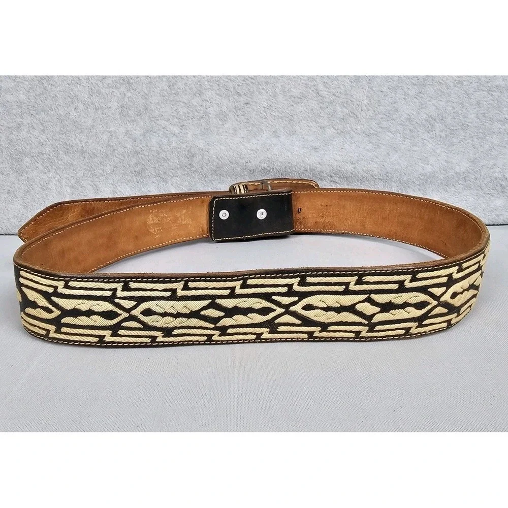 Mexican Cinto Piteado Belt Horse Black Sz 36 Leather Embroidery